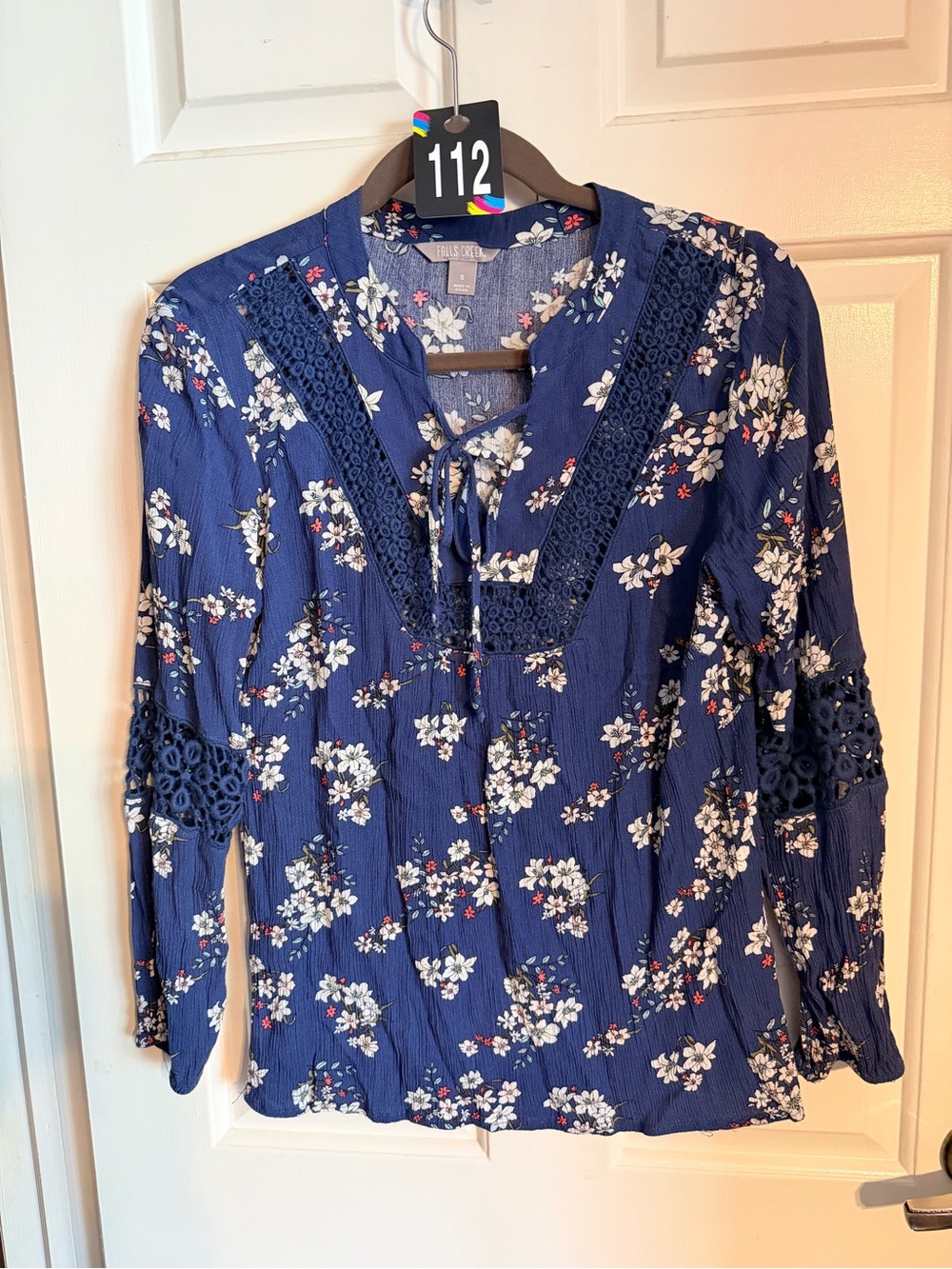 Falls Creek Navy Floral Tie-Neck Crochet Trim Blouse